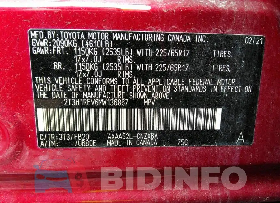 2T3H1RFV6MW136867 Photo# 9