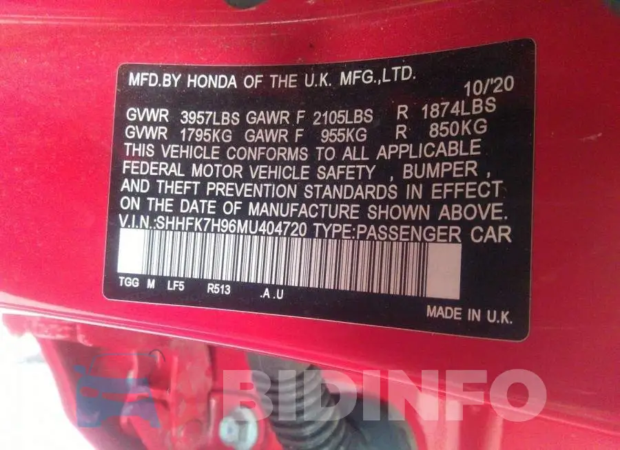 SHHFK7H96MU404720 Photo# 9