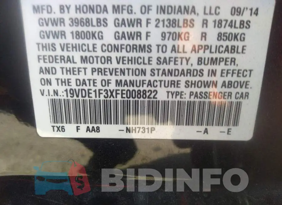 19VDE1F3XFE008822 Photo# 9