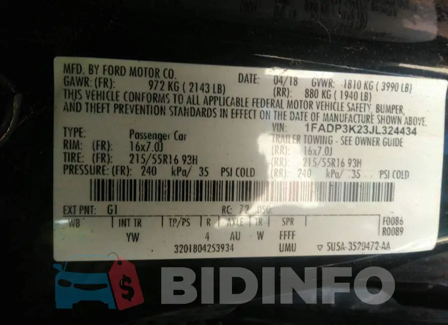 1FADP3K23JL324434 Photo# 9