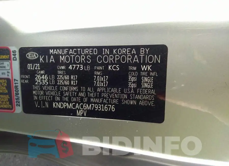 KNDPMCAC6M7931676 Photo# 9