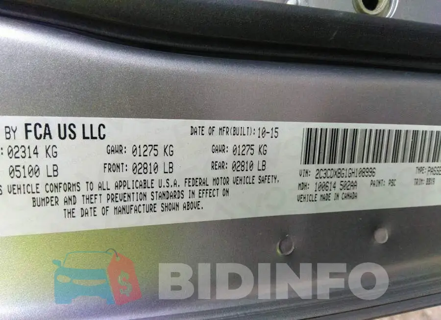 2C3CDXBG1GH108996 Photo# 9