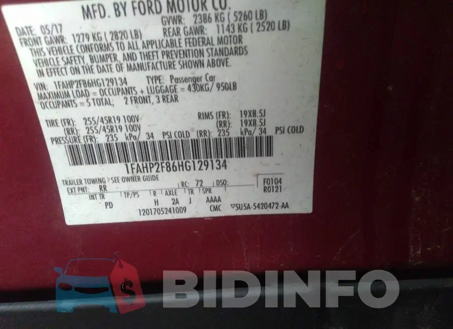 1FAHP2F86HG129134 Photo# 9