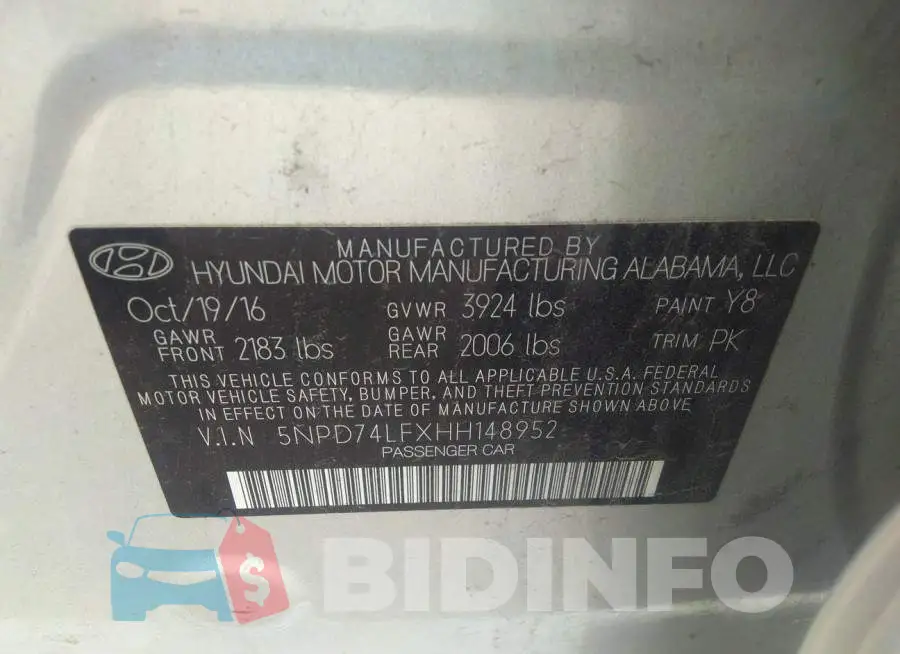 5NPD74LFXHH148952 Photo# 9