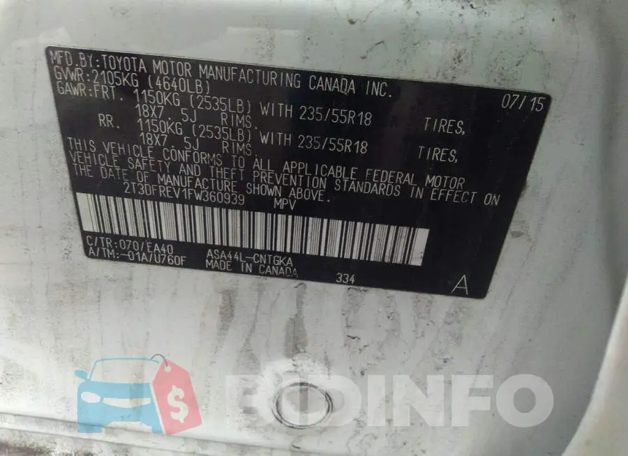 2T3DFREV1FW360939 Photo# 9