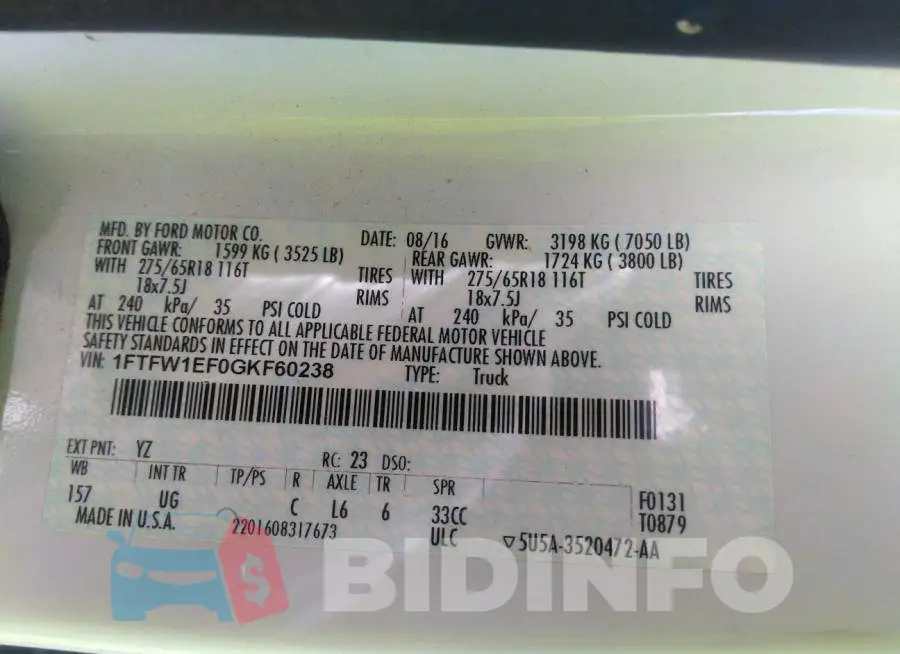 1FTFW1EF0GKF60238 Photo# 9