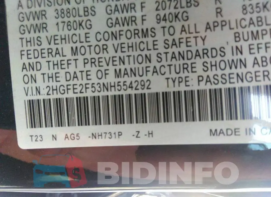 2HGFE2F53NH554292 Photo# 9