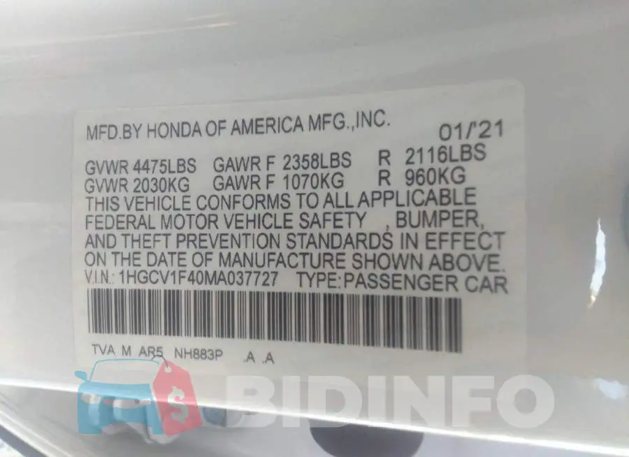 1HGCV1F40MA037727 Photo# 9