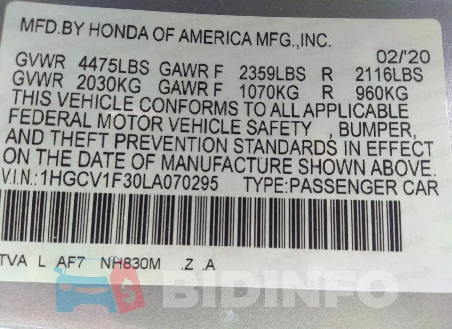 1HGCV1F30LA070295 Photo# 9
