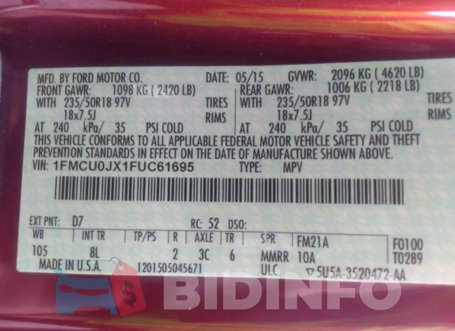 1FMCU0JX1FUC61695 Photo# 9