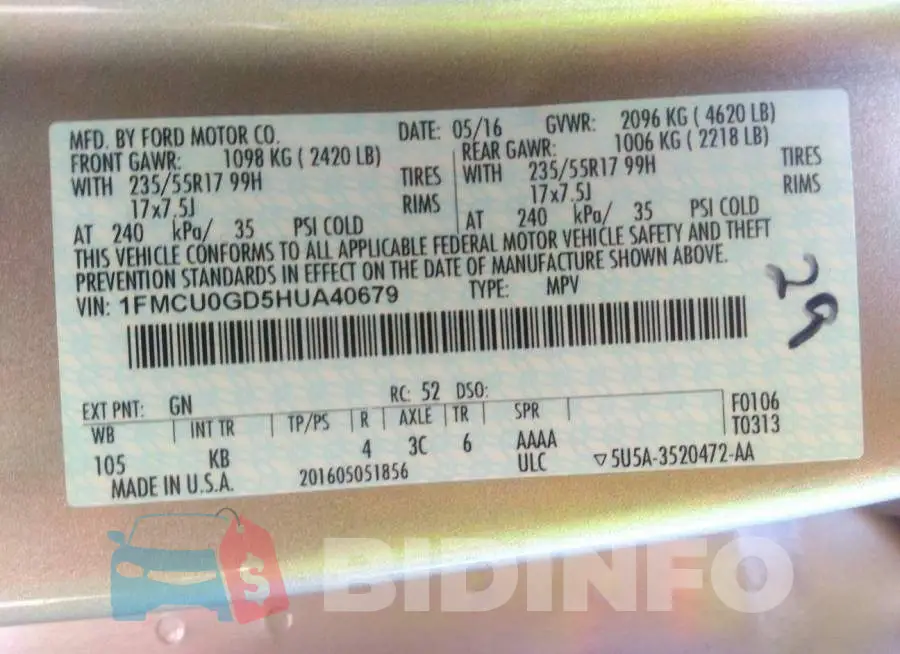 1FMCU0GD5HUA40679 Photo# 9