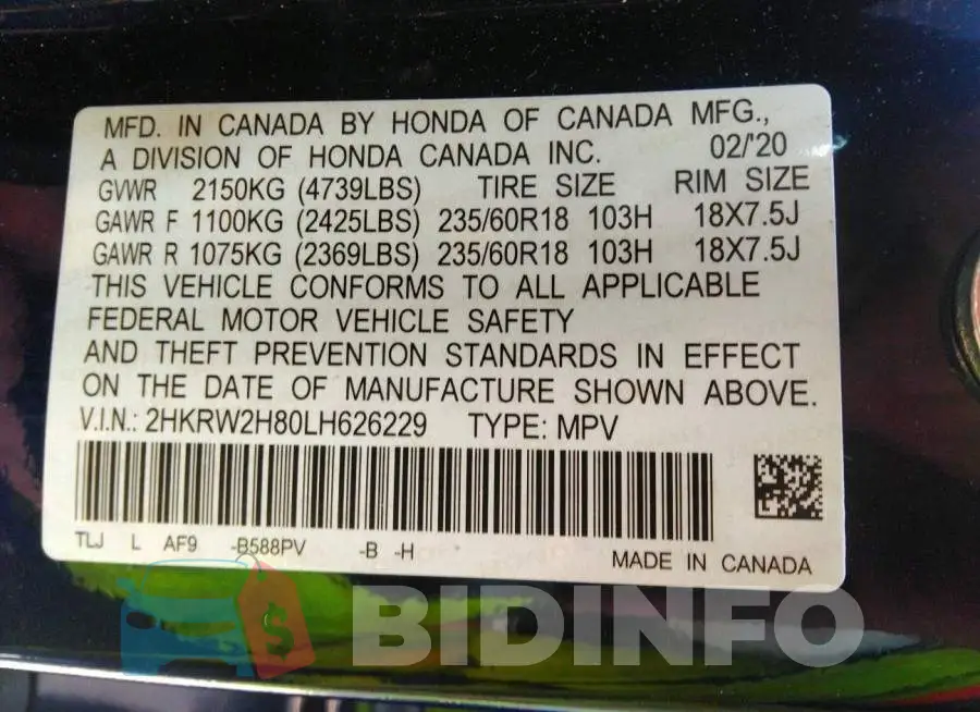 2HKRW2H80LH626229 Photo# 9