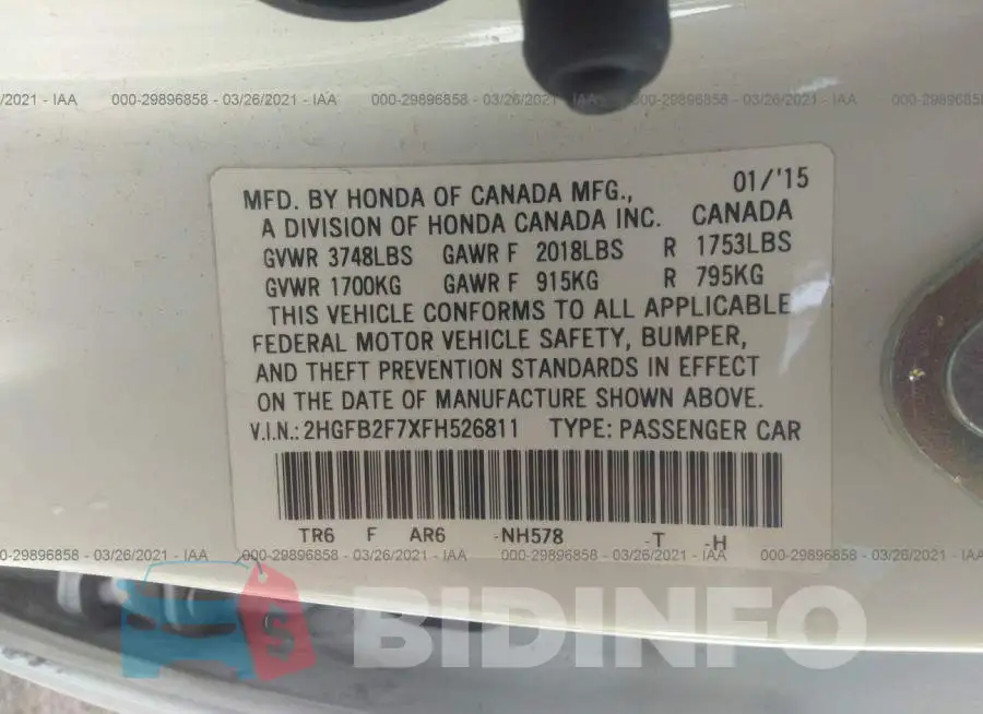 2HGFB2F7XFH526811 Photo# 9