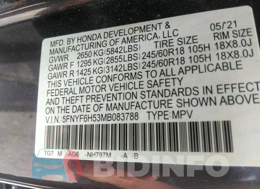5FNYF6H53MB083788 Photo# 9