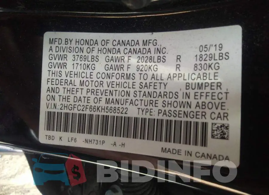 2HGFC2F66KH568522 Photo# 9