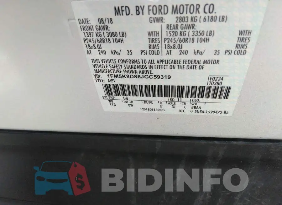 1FM5K8D86JGC59319 Photo# 9