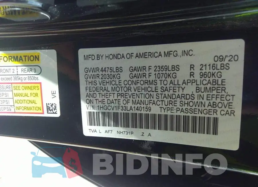 1HGCV1F33LA140159 Photo# 9