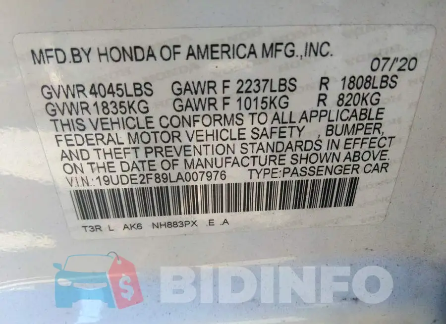 19UDE2F89LA007976 Photo# 9