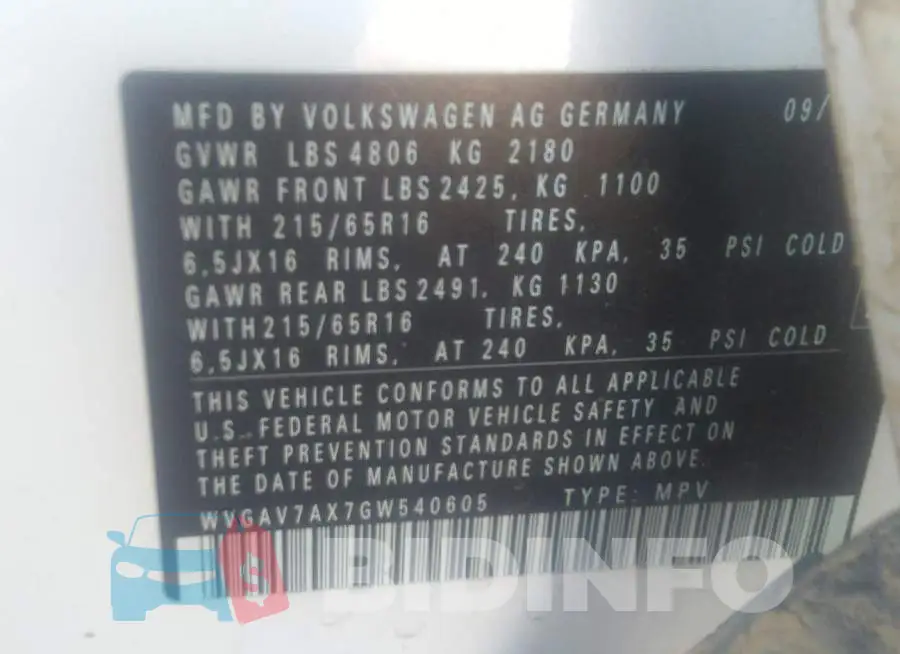 WVGAV7AX7GW540605 Photo# 9