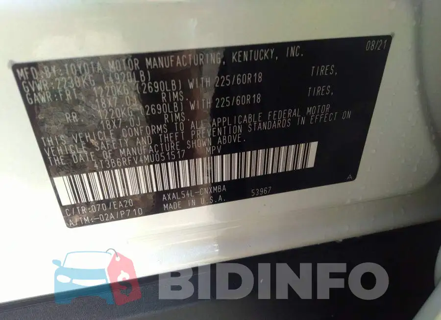 4T3B6RFV4MU051517 Photo# 9