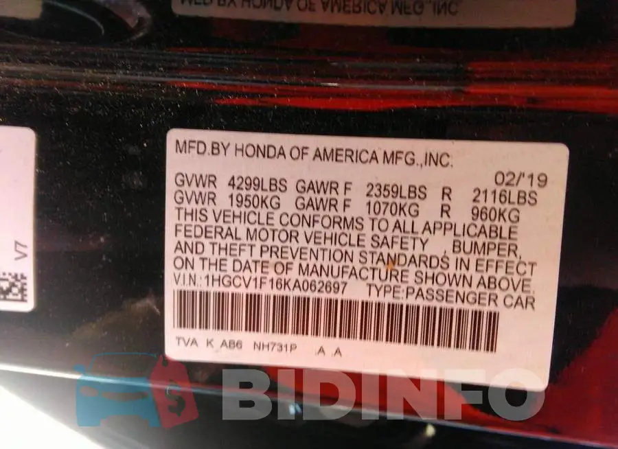 1HGCV1F16KA062697 Photo# 9