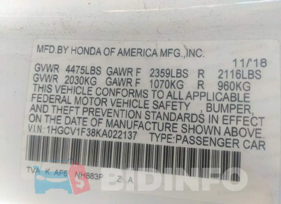 1HGCV1F38KA022137 Photo# 9