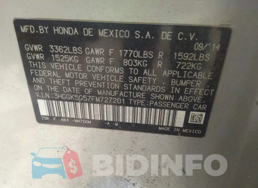 3HGGK5G57FM727201 Photo# 9