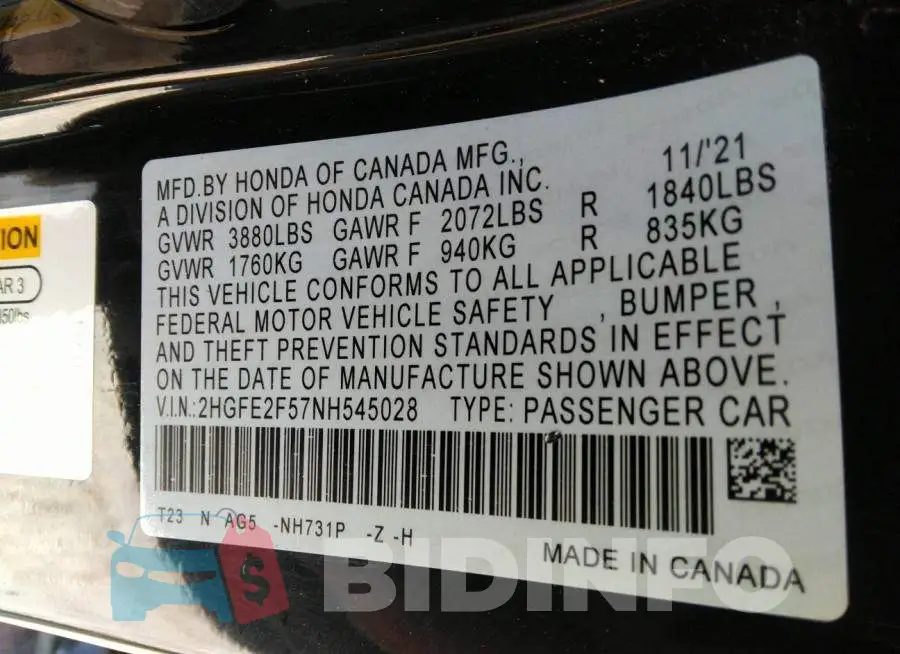 2HGFE2F57NH545028 Photo# 9