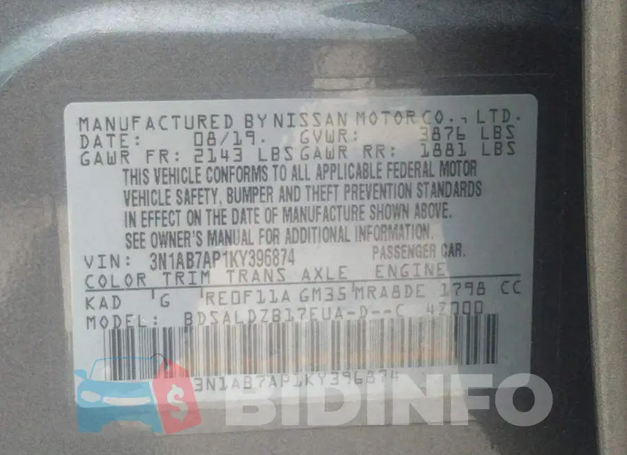 3N1AB7AP1KY396874 Photo# 9
