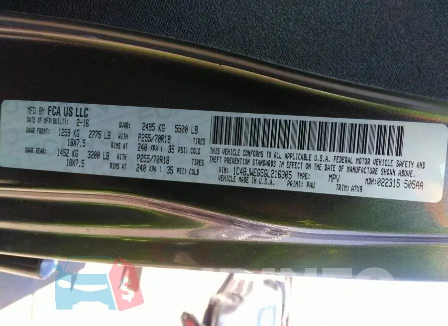 1C4BJWEG5GL216305 Photo# 9