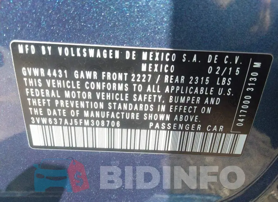 3VW637AJ5FM308706 Photo# 9