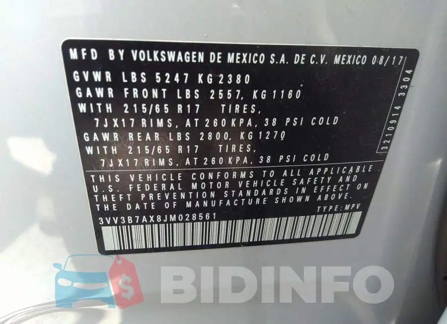 3VV3B7AX8JM028561 Photo# 9