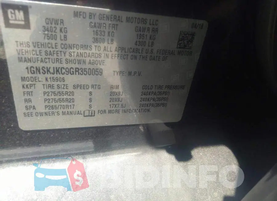 1GNSKJKC9GR350059 Photo# 9