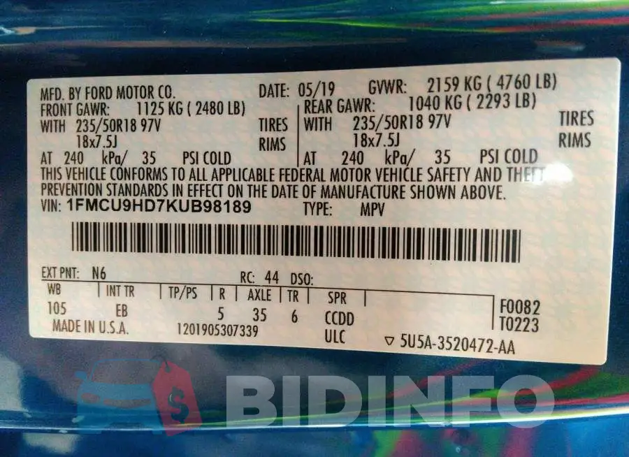 1FMCU9HD7KUB98189 Photo# 9