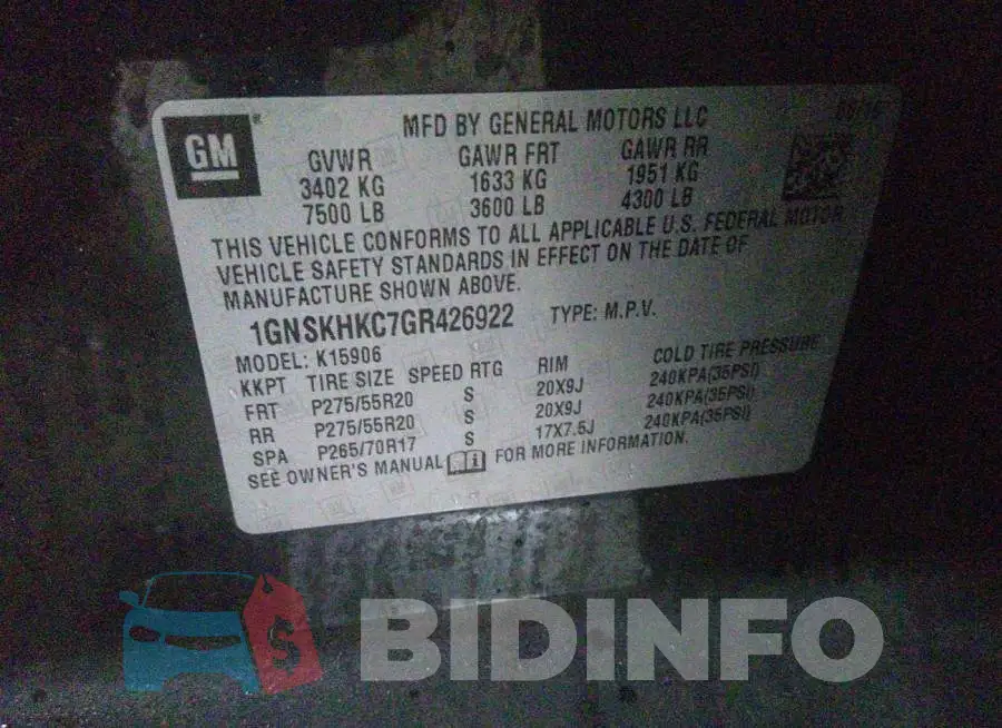 1GNSKHKC7GR426922 Photo# 9