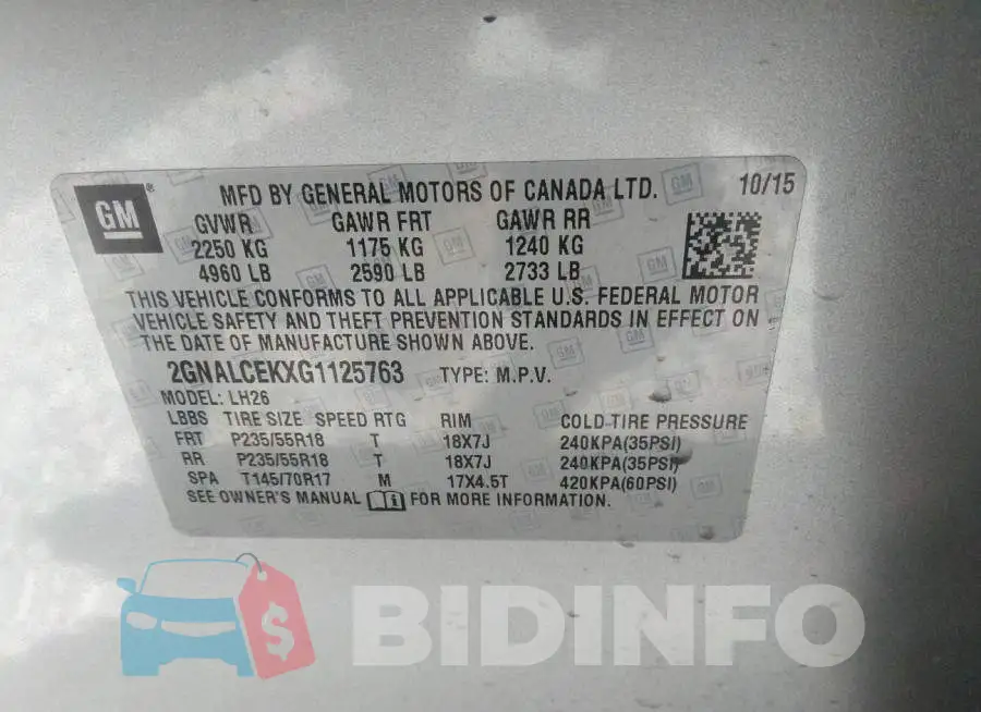 2GNALCEKXG1125763 Photo# 9