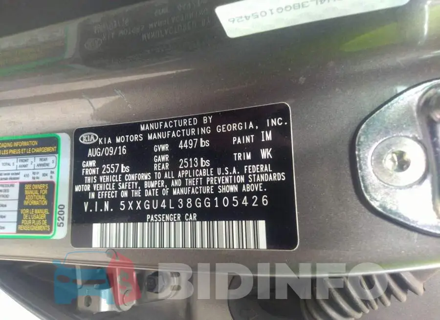 5XXGU4L38GG105426 Photo# 9