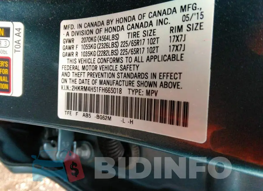 2HKRM4H51FH665018 Photo# 9