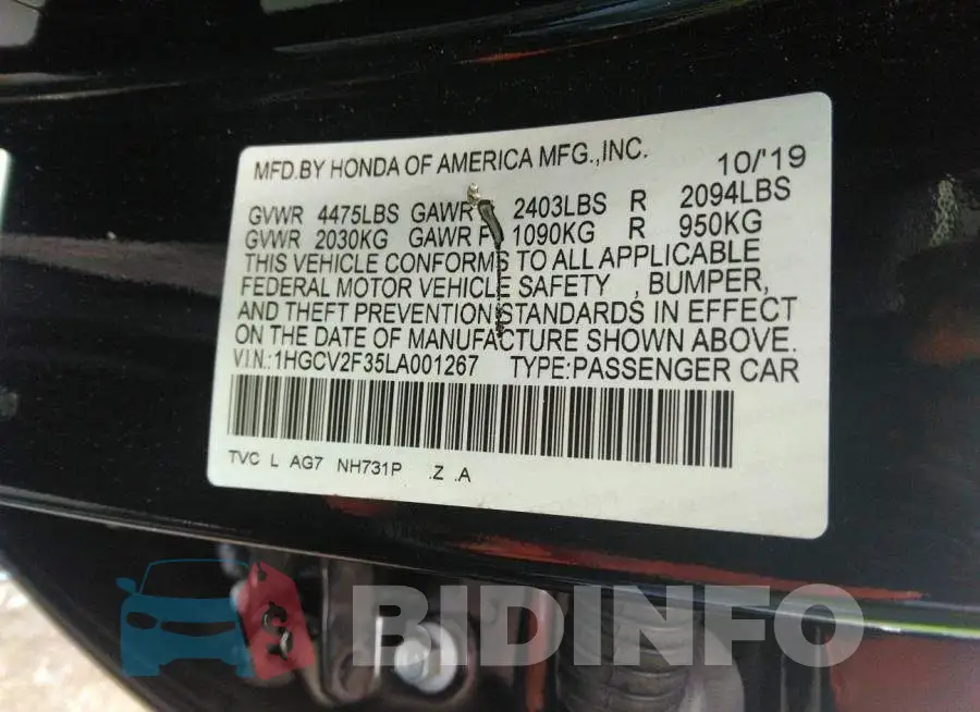 1HGCV2F35LA001267 Photo# 9