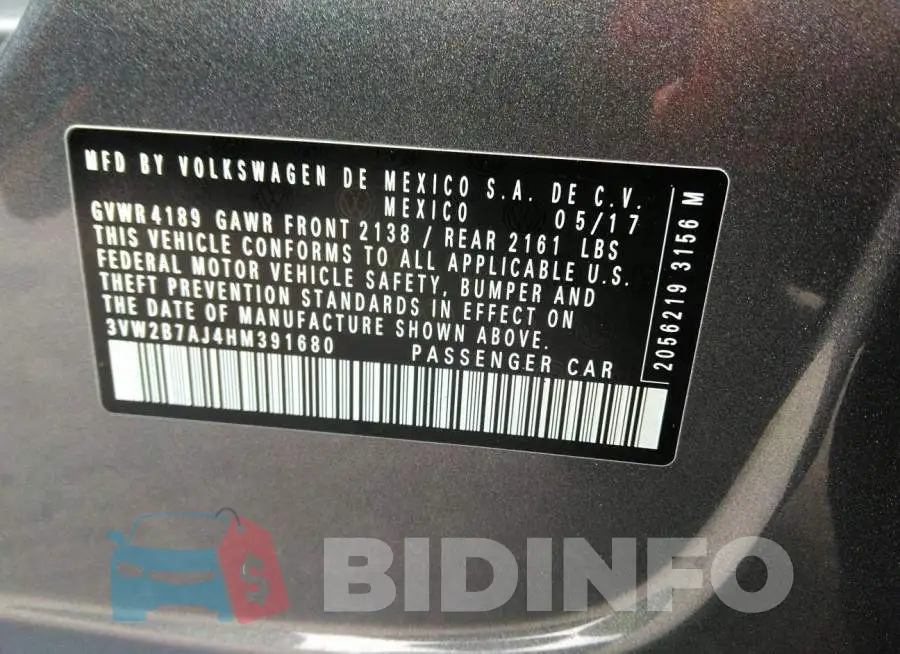 3VW2B7AJ4HM391680 Photo# 9