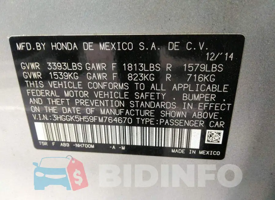 3HGGK5H59FM764670 Photo# 9