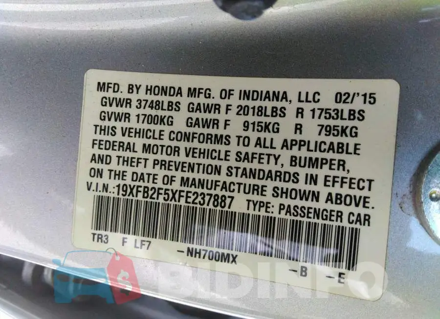 19XFB2F5XFE237887 Photo# 9