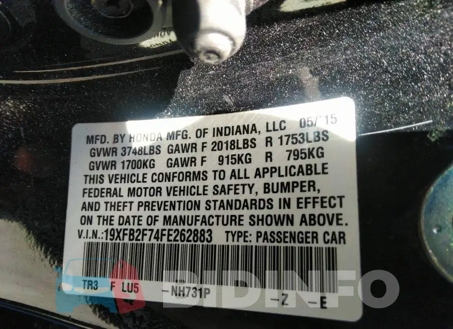 19XFB2F74FE262883 Photo# 9