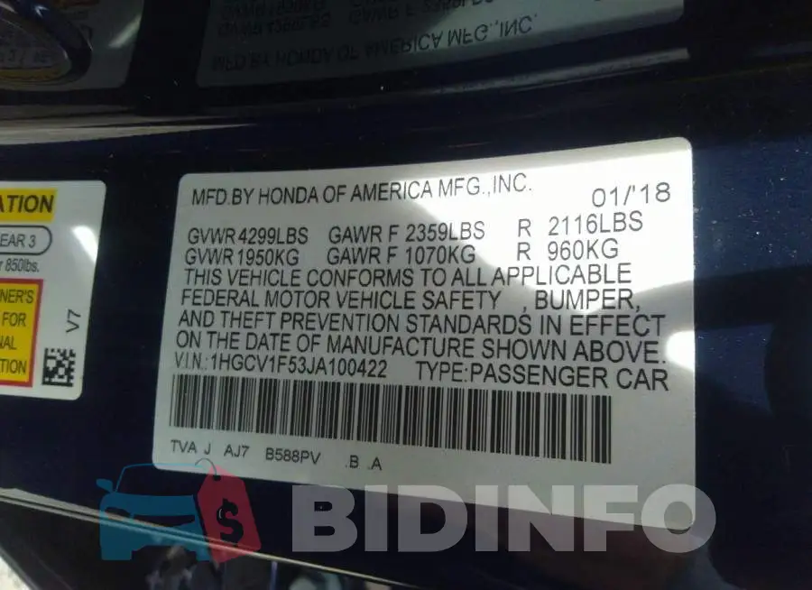 1HGCV1F53JA100422 Photo# 9
