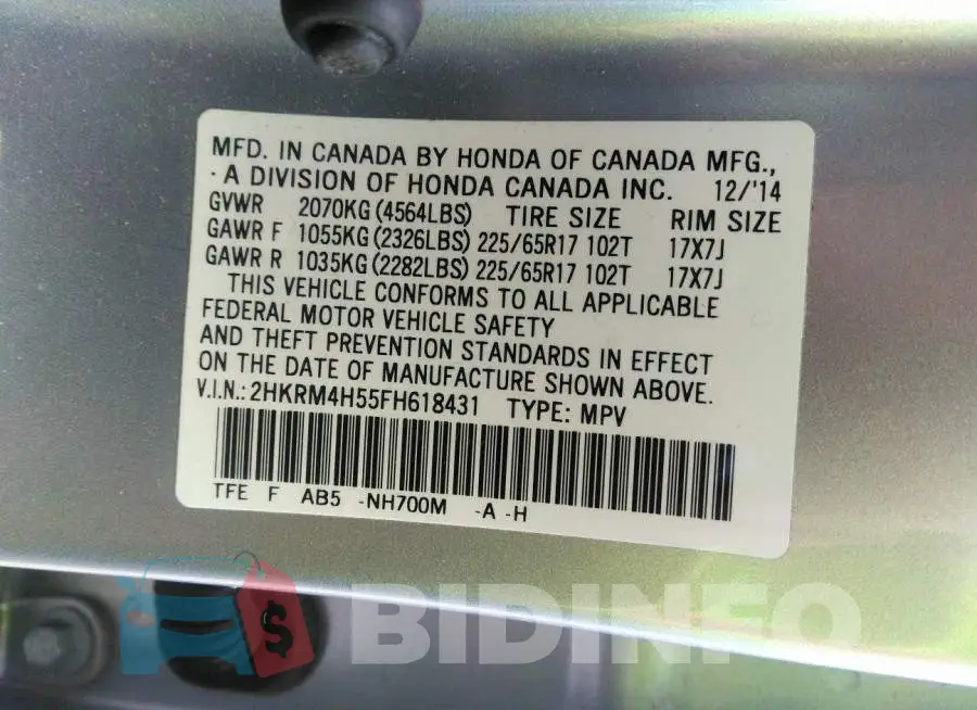 2HKRM4H55FH618431 Photo# 9