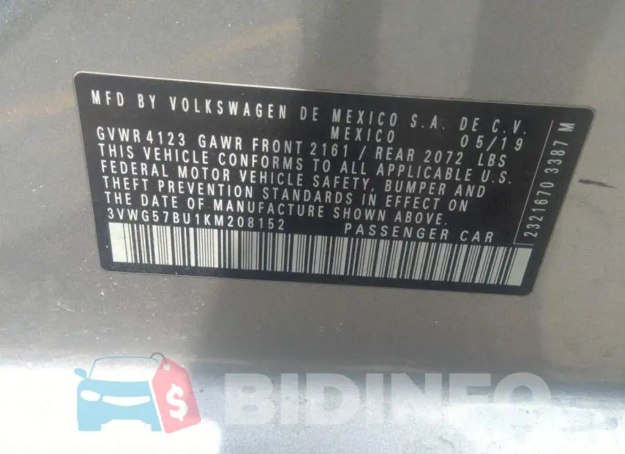 3VWG57BU1KM208152 Photo# 9