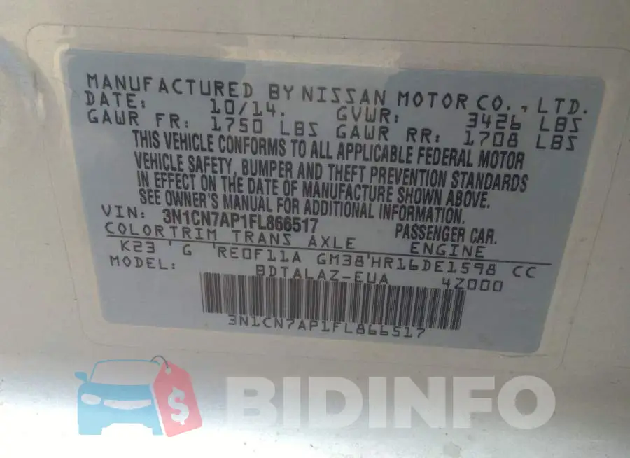 3N1CN7AP1FL866517 Photo# 9