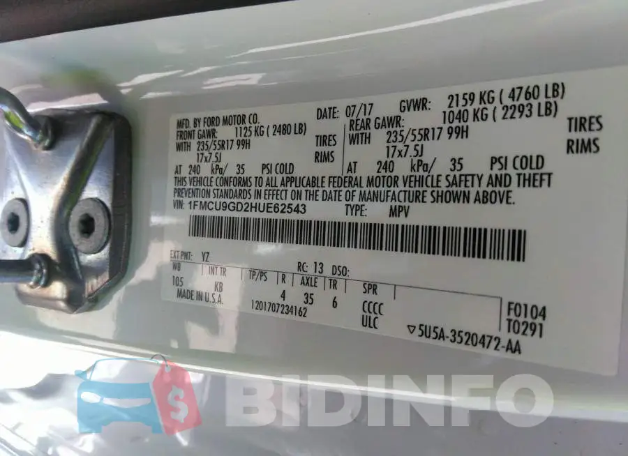 1FMCU9GD2HUE62543 Photo# 9