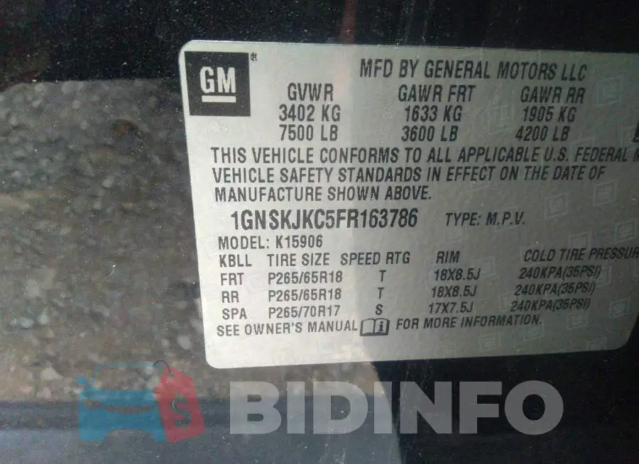 1GNSKJKC5FR163786 Photo# 9