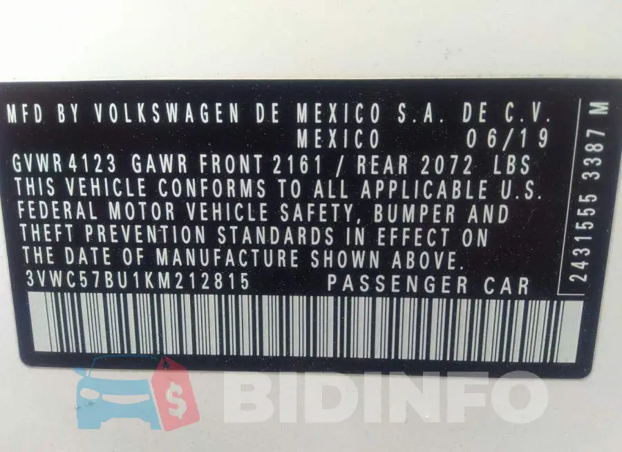 3VWC57BU1KM212815 Photo# 9
